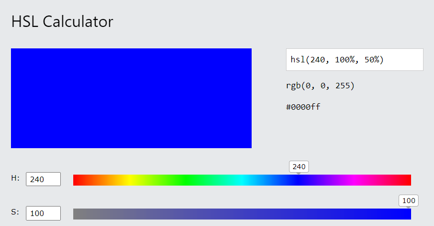 HSL calculator showing saturation at 100%